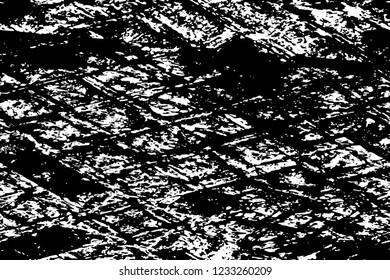 Grunge overlay layer. Abstract black and white vector background. Monochrome vintage surface with dirty pattern in cracks, spots, dots. Old wall in dark horror style design