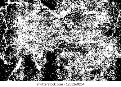 Grunge overlay layer. Abstract black and white vector background. Monochrome vintage surface with dirty pattern in cracks, spots, dots. Old wall in dark horror style design