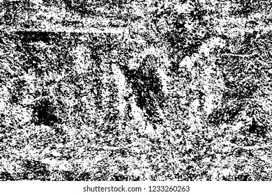 Grunge overlay layer. Abstract black and white vector background. Monochrome vintage surface with dirty pattern in cracks, spots, dots. Old wall in dark horror style design