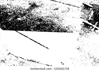 Grunge overlay layer. Abstract black and white vector background. Monochrome vintage surface with dirty pattern in cracks, spots, dots. Old wall in dark horror style design