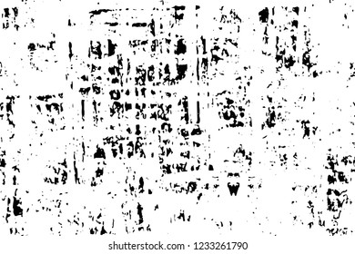 Grunge overlay layer. Abstract black and white vector background. Monochrome vintage surface with dirty pattern in cracks, spots, dots. Old wall in dark horror style design