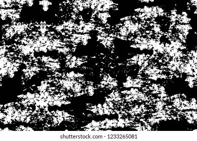 Grunge overlay layer. Abstract black and white vector background. Monochrome vintage surface with dirty pattern in cracks, spots, dots. Old wall in dark horror style design