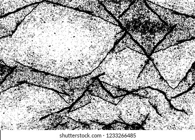 Grunge overlay layer. Abstract black and white vector background. Monochrome vintage surface with dirty pattern in cracks, spots, dots. Old wall in dark horror style design