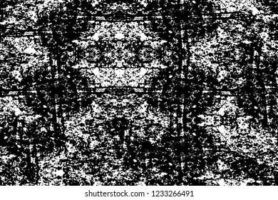 Grunge overlay layer. Abstract black and white vector background. Monochrome vintage surface with dirty pattern in cracks, spots, dots. Old wall in dark horror style design