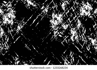 Grunge overlay layer. Abstract black and white vector background. Monochrome vintage surface with dirty pattern in cracks, spots, dots. Old wall in dark horror style design