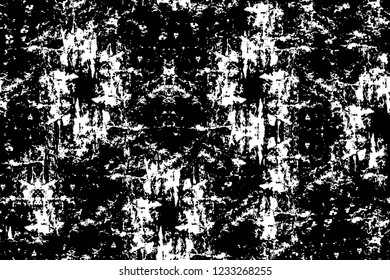 Grunge overlay layer. Abstract black and white vector background. Monochrome vintage surface with dirty pattern in cracks, spots, dots. Old wall in dark horror style design