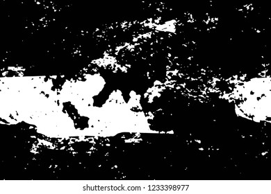 Grunge overlay layer. Abstract black and white vector background. Monochrome vintage surface with dirty pattern in cracks, spots, dots. Old wall in dark horror style design