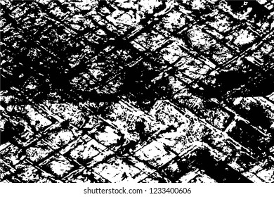 Grunge overlay layer. Abstract black and white vector background. Monochrome vintage surface with dirty pattern in cracks, spots, dots. Old wall in dark horror style design