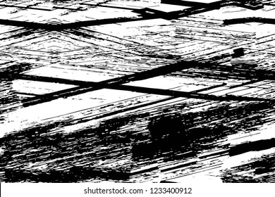 Grunge overlay layer. Abstract black and white vector background. Monochrome vintage surface with dirty pattern in cracks, spots, dots. Old wall in dark horror style design