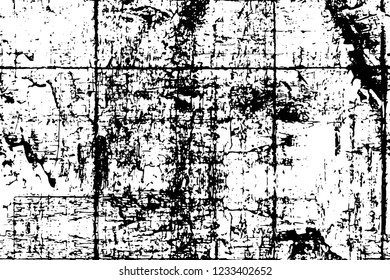 Grunge overlay layer. Abstract black and white vector background. Monochrome vintage surface with dirty pattern in cracks, spots, dots. Old wall in dark horror style design