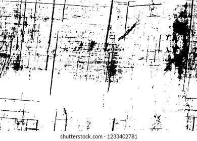 Grunge overlay layer. Abstract black and white vector background. Monochrome vintage surface with dirty pattern in cracks, spots, dots. Old wall in dark horror style design