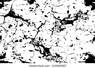 Grunge overlay layer. Abstract black and white vector background. Monochrome vintage surface with dirty pattern in cracks, spots, dots. Old wall in dark horror style design