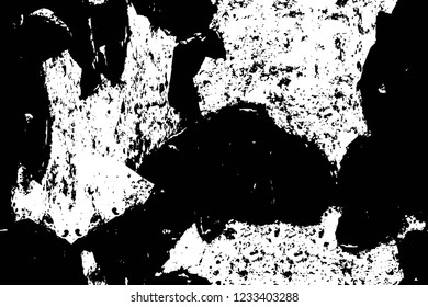 Grunge overlay layer. Abstract black and white vector background. Monochrome vintage surface with dirty pattern in cracks, spots, dots. Old wall in dark horror style design