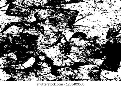 Grunge overlay layer. Abstract black and white vector background. Monochrome vintage surface with dirty pattern in cracks, spots, dots. Old wall in dark horror style design