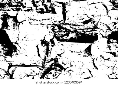 Grunge overlay layer. Abstract black and white vector background. Monochrome vintage surface with dirty pattern in cracks, spots, dots. Old wall in dark horror style design