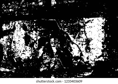 Grunge overlay layer. Abstract black and white vector background. Monochrome vintage surface with dirty pattern in cracks, spots, dots. Old wall in dark horror style design