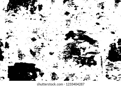 Grunge overlay layer. Abstract black and white vector background. Monochrome vintage surface with dirty pattern in cracks, spots, dots. Old wall in dark horror style design