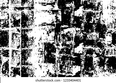 Grunge overlay layer. Abstract black and white vector background. Monochrome vintage surface with dirty pattern in cracks, spots, dots. Old wall in dark horror style design