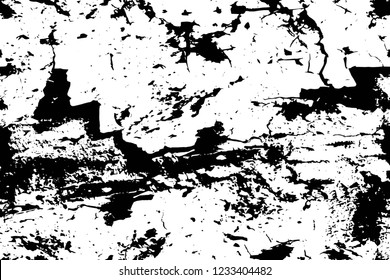 Grunge overlay layer. Abstract black and white vector background. Monochrome vintage surface with dirty pattern in cracks, spots, dots. Old wall in dark horror style design