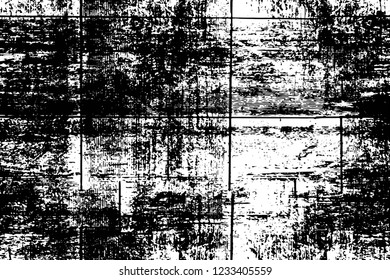 Grunge overlay layer. Abstract black and white vector background. Monochrome vintage surface with dirty pattern in cracks, spots, dots. Old wall in dark horror style design