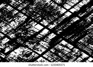 Grunge overlay layer. Abstract black and white vector background. Monochrome vintage surface with dirty pattern in cracks, spots, dots. Old wall in dark horror style design