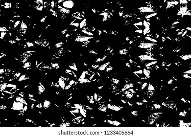 Grunge overlay layer. Abstract black and white vector background. Monochrome vintage surface with dirty pattern in cracks, spots, dots. Old wall in dark horror style design