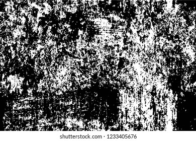 Grunge overlay layer. Abstract black and white vector background. Monochrome vintage surface with dirty pattern in cracks, spots, dots. Old wall in dark horror style design
