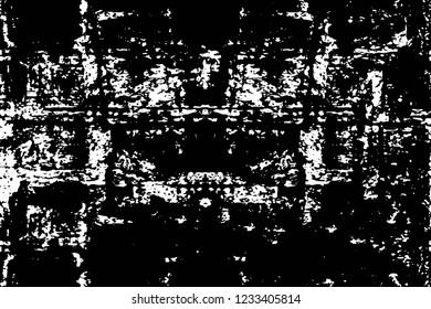 Grunge overlay layer. Abstract black and white vector background. Monochrome vintage surface with dirty pattern in cracks, spots, dots. Old wall in dark horror style design