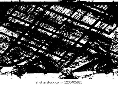 Grunge overlay layer. Abstract black and white vector background. Monochrome vintage surface with dirty pattern in cracks, spots, dots. Old wall in dark horror style design