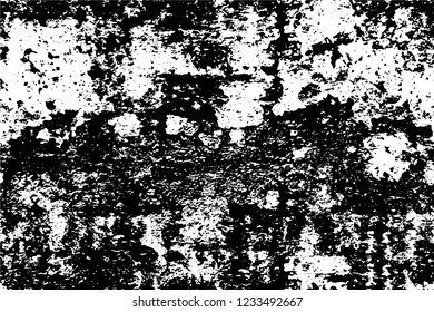 Grunge overlay layer. Abstract black and white vector background. Monochrome vintage surface with dirty pattern in cracks, spots, dots. Old wall in dark horror style design