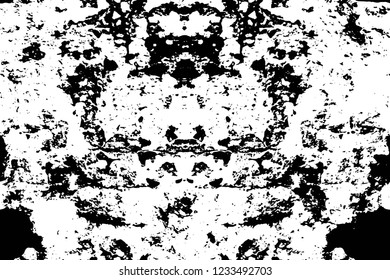 Grunge overlay layer. Abstract black and white vector background. Monochrome vintage surface with dirty pattern in cracks, spots, dots. Old wall in dark horror style design