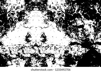 Grunge overlay layer. Abstract black and white vector background. Monochrome vintage surface with dirty pattern in cracks, spots, dots. Old wall in dark horror style design