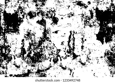 Grunge overlay layer. Abstract black and white vector background. Monochrome vintage surface with dirty pattern in cracks, spots, dots. Old wall in dark horror style design