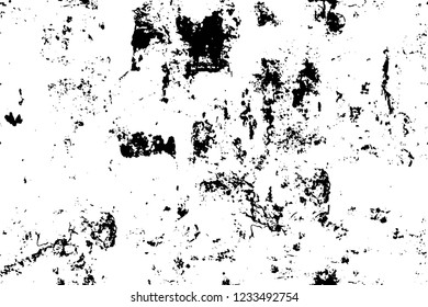 Grunge overlay layer. Abstract black and white vector background. Monochrome vintage surface with dirty pattern in cracks, spots, dots. Old wall in dark horror style design