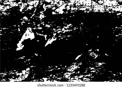 Grunge overlay layer. Abstract black and white vector background. Monochrome vintage surface with dirty pattern in cracks, spots, dots. Old wall in dark horror style design