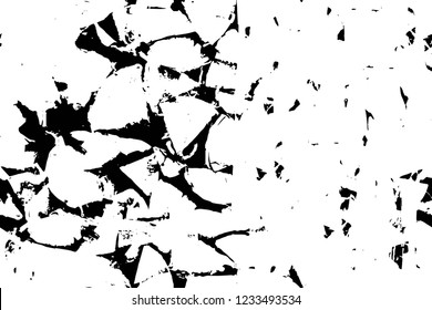 Grunge overlay layer. Abstract black and white vector background. Monochrome vintage surface with dirty pattern in cracks, spots, dots. Old wall in dark horror style design