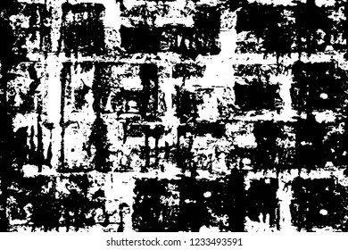 Grunge overlay layer. Abstract black and white vector background. Monochrome vintage surface with dirty pattern in cracks, spots, dots. Old wall in dark horror style design