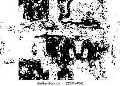 Grunge overlay layer. Abstract black and white vector background. Monochrome vintage surface with dirty pattern in cracks, spots, dots. Old wall in dark horror style design