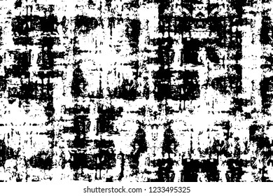 Grunge overlay layer. Abstract black and white vector background. Monochrome vintage surface with dirty pattern in cracks, spots, dots. Old wall in dark horror style design