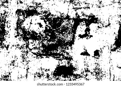 Grunge overlay layer. Abstract black and white vector background. Monochrome vintage surface with dirty pattern in cracks, spots, dots. Old wall in dark horror style design