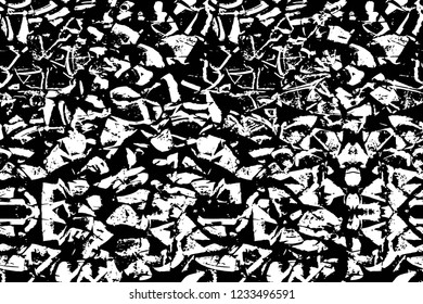 Grunge overlay layer. Abstract black and white vector background. Monochrome vintage surface with dirty pattern in cracks, spots, dots. Old wall in dark horror style design
