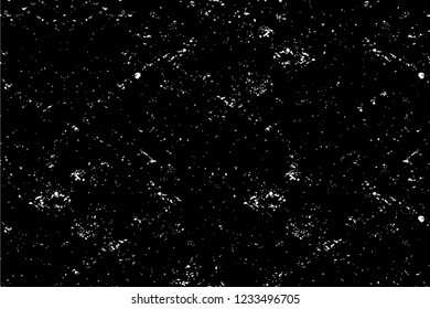 Grunge overlay layer. Abstract black and white vector background. Monochrome vintage surface with dirty pattern in cracks, spots, dots. Old wall in dark horror style design