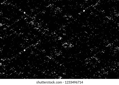 Grunge overlay layer. Abstract black and white vector background. Monochrome vintage surface with dirty pattern in cracks, spots, dots. Old wall in dark horror style design