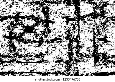 Grunge overlay layer. Abstract black and white vector background. Monochrome vintage surface with dirty pattern in cracks, spots, dots. Old wall in dark horror style design
