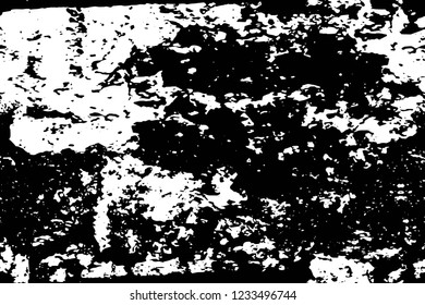 Grunge overlay layer. Abstract black and white vector background. Monochrome vintage surface with dirty pattern in cracks, spots, dots. Old wall in dark horror style design