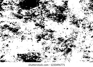 Grunge overlay layer. Abstract black and white vector background. Monochrome vintage surface with dirty pattern in cracks, spots, dots. Old wall in dark horror style design