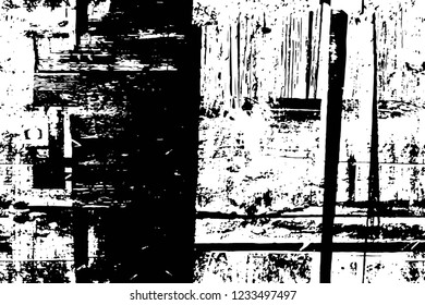 Grunge overlay layer. Abstract black and white vector background. Monochrome vintage surface with dirty pattern in cracks, spots, dots. Old wall in dark horror style design
