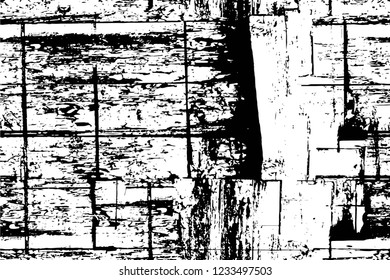 Grunge overlay layer. Abstract black and white vector background. Monochrome vintage surface with dirty pattern in cracks, spots, dots. Old wall in dark horror style design