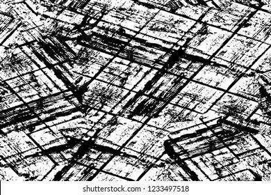 Grunge overlay layer. Abstract black and white vector background. Monochrome vintage surface with dirty pattern in cracks, spots, dots. Old wall in dark horror style design
