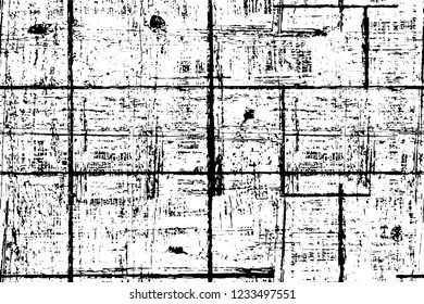 Grunge overlay layer. Abstract black and white vector background. Monochrome vintage surface with dirty pattern in cracks, spots, dots. Old wall in dark horror style design